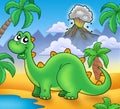 Cute green dinosaur with volcano