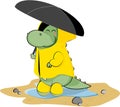 cute green dinosaur walks under an umbrella in a yellow raincoat