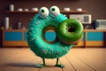 Cute green donut with icing, sprinkles and eyes. Generative AI