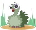 A cute green dove sits on the grass. Cartoon character