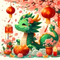 A cute green dragon bathed with sakura flower petals, red lampions, mandaein orange fruit, chinese new year elements, cartoon Royalty Free Stock Photo