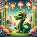 A cute green dragon with a beautiful flower, in a garden with lucky bamboo flower, lake and mountain view, chinese ancient lantern Royalty Free Stock Photo