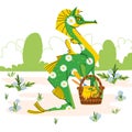 Cute green dragon gardener with daisy flowers isolated on white background. The symbol of the year of dragon. Vector illustration