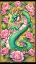 Cute green dragon on pink flower background Royalty Free Stock Photo