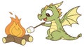 Cute Green Dragon Roasting A Marshmallow On A Campfire, vector design Generative AI Royalty Free Stock Photo