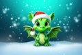 Cute green dragon symbol new year 2024 cartoon with wings in red Santa hat on snowy background. Mascot of year according