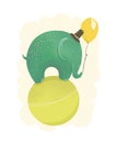 Cute green elephant with balloon. Funy animal illustraition