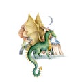 Cute green flying dragon Mythical gold dragon fairy Hand drawn watercolor nursery Isolated illustration on white