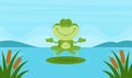 Cute Green Frog Cartoon Character Meditates Royalty Free Stock Photo