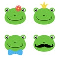 Cute green frog with flower, crown, bow, mustache cartoon character isolated on white background Royalty Free Stock Photo