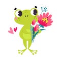 Cute Green Frog Gardener Holding Bunch of Flowers Vector Illustration