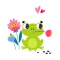 Cute Green Frog Gardener Sitting with Flower Vector Illustration