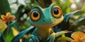 Cute green frog with large orange eyes perched on a leaf in a vibrant jungle setting Royalty Free Stock Photo
