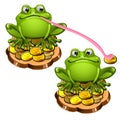 Cute green frog with a long pink tongue stole a gold coin. Cartoon animals are isolated on a white background. Vector