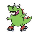 Cute green funny dinosaur rides on rollers. Vector illustration
