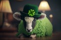 Cute green fur lamb wearing green hat with shamrock leaf, st Patrick day concept. Generative AI Royalty Free Stock Photo