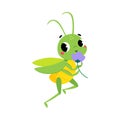 Cute Green Grasshopper Character Smell Flower Vector Illustratio