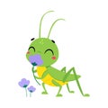 Cute Green Grasshopper Character Smell Flower Vector Illustration Royalty Free Stock Photo