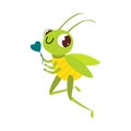 Cute green grasshopper joyfully jumping. Funny insect in its everyday activities cartoon vector illustration