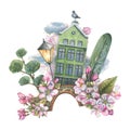 A cute, green house with trees, a bridge, a lantern, a pigeon, clouds and apple blossoms. Watercolor illustration