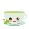 Cute green Kawaii cup, with pink cheeks and eyes, green tea and twig with leaves pastel colors on white background. Vector Royalty Free Stock Photo