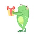 Cute Green Leaping Frog Character Giving Gift Box Vector Illustration Royalty Free Stock Photo