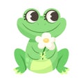 Cute Green Leaping Frog Character Sitting with Flower Vector Illustration Royalty Free Stock Photo