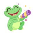 Cute Green Leaping Frog Character Sitting with Kaleidoscope Vector Illustration Royalty Free Stock Photo