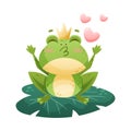 Cute Green Leaping Frog Character Sitting on Lily Pad in Crown and Kissing Vector Illustration Royalty Free Stock Photo