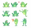 Cute Green Leaping Frog Character Sitting and Smiling Vector Illustration Set Royalty Free Stock Photo