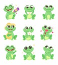 Cute Green Leaping Frog Character Sitting and Smiling Vector Illustration Set Royalty Free Stock Photo