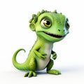 Cute Green Lizard Cartoon Character - 3d Render Plastic Chameleon