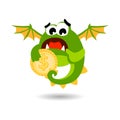 Cute green monster with dollar coin. Vector illustration. cartoon style