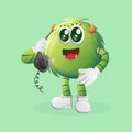 Cute green monster pick up the phone, answering phone calls Royalty Free Stock Photo