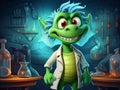 Cute green oriental dragon scientist in science lab