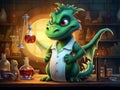 Cute green oriental dragon scientist in science lab