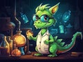 Cute green oriental dragon scientist in science lab