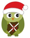 Cute Green Owl Wearing Santa Claus Hat Holding Christmas Card. Vector Cute Christmas Owl