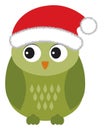 Cute Green Owl Wearing Santa Claus Hat . Vector Cute Christmas Owl