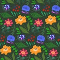 Cute green pattern with doodle color flowers Royalty Free Stock Photo