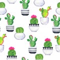 Cute green and pink cactus seamless pattern. Watercolor.