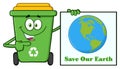 Cute Green Recycle Bin Cartoon Mascot Character Holding A Save Our Earth Sign Royalty Free Stock Photo