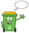 Cute Green Recycle Bin Cartoon Mascot Character Waving For Greeting With Speech Bubble.