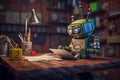 Cute Green Robot Doing Homework Sitting on a Table, Generative AI Royalty Free Stock Photo