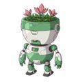 Cute Green Robot with Pink Flowers in Pot Royalty Free Stock Photo