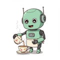 Cute Green Robot Pouring Tea Pixel Art Illustration Royalty Free Stock Photo