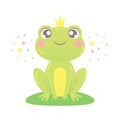 Cute green smiling frog. Little Frog princess with crown sitting on hummock.