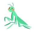 Cute green smiling grasshopper on white background