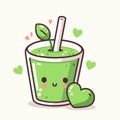 Cute green smoothie cartoon character with green hearts, healthy diet, kawaii Vector illustration, generative ai