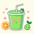 Cute green smoothie cartoon character with hearts, kawaii vector illustration for healthy diet, generative ai